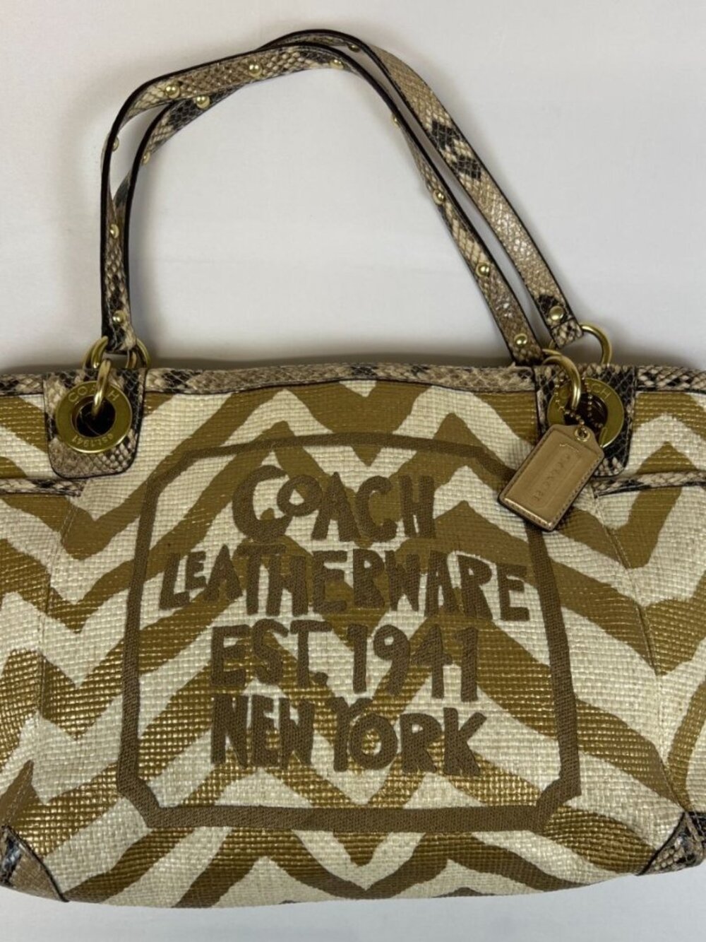 Y2K Coach Madison Straw Zig Zag Tote Python Embossed Leather Trim Bag 14843